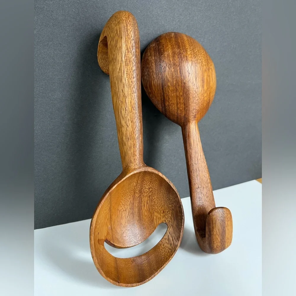 Artisan Wooden Salad Servers Hand-turned Serving Utensils Teak Handcrafted Wood